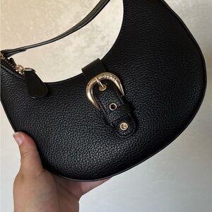 Guess Black Pebbled Leather Shoulder Bag with Gold Buckle